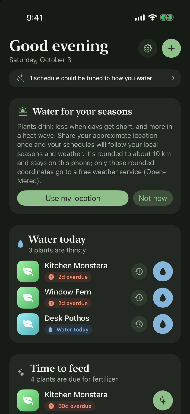 Plant Buddha's home screen showing which plants to water today